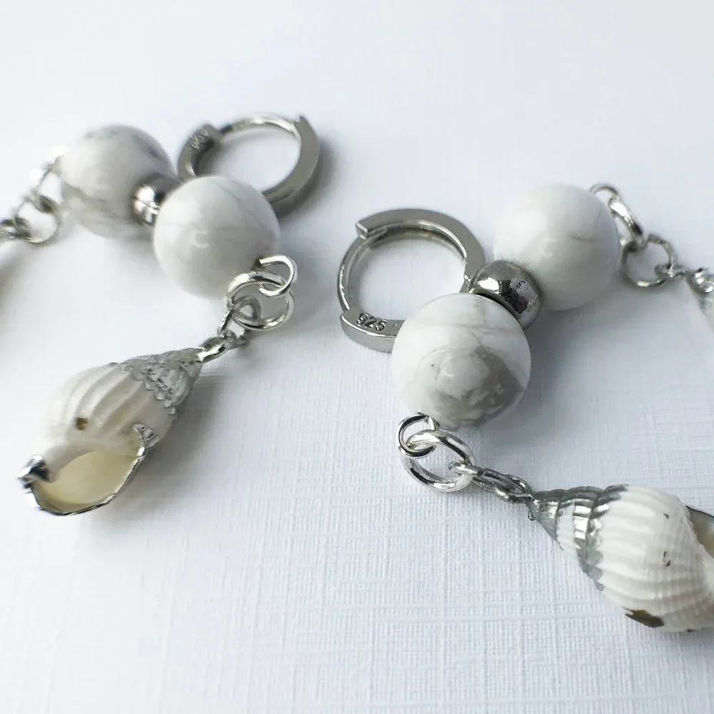 Unique White Shell Chunky Earrings, Handcrafted Howlite Dangle Hoops